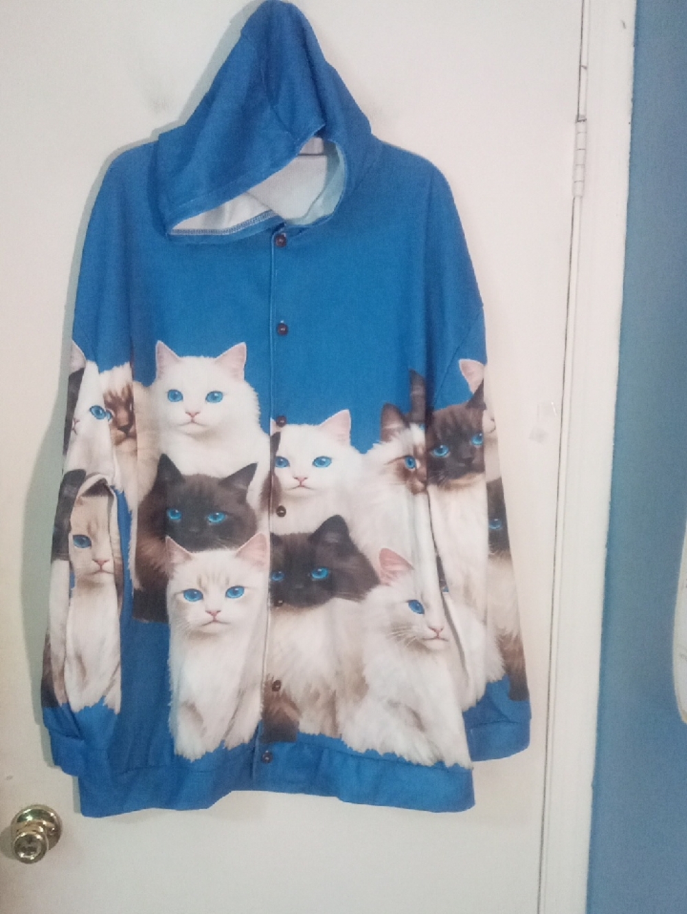 Blue Hooded Cat Print Pet-Themed Jacket 4XL Plus Size New NWOT